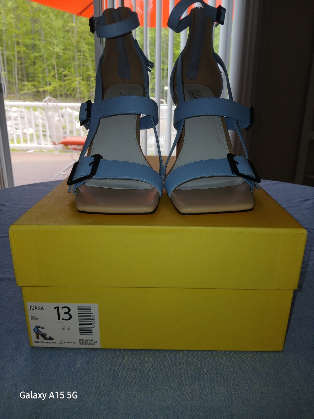 Lania brand JUANA blue CONE heel sandals with buckle closures